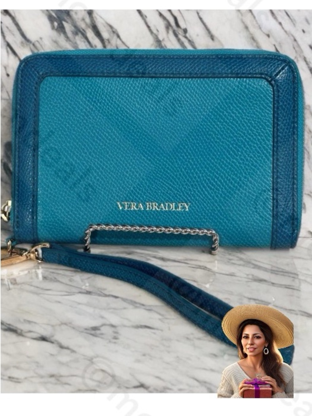 Vera Bradley Leather Two-Tone Teal Wristlet Wallet with Removable Strap Like New